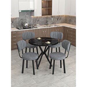 Azra 90cm Bendir Mutfak Masası, Mutfak Masası Takımı, Yemek Masası, 4 Koyu Gri Sandalye