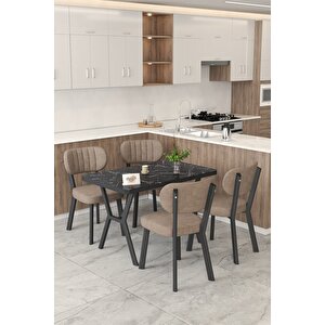 Gnr 70x110cm Sabit Siyah Mutfak Masası Takımı, Yemek Masası, 4 Modern Cappucino Sandalye Cappuccino