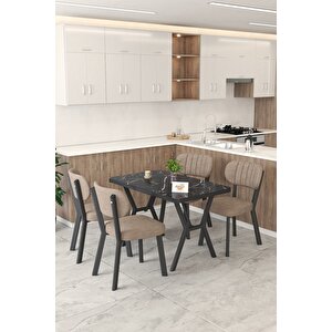 Gnr 70x110cm Sabit Siyah Mutfak Masası Takımı, Yemek Masası, 4 Modern Cappucino Sandalye Cappuccino