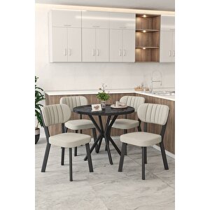 Gnr 90cm Sabit Siyah Mutfak Masası Takımı, Yemek Masası, 4 Modern Krem Sandalye Krem