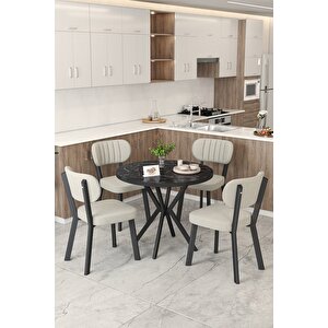 Gnr 90cm Sabit Siyah Mutfak Masası Takımı, Yemek Masası, 4 Modern Krem Sandalye Krem