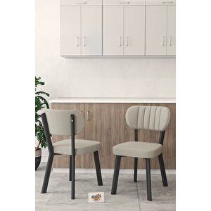 Gnr 90cm Sabit Siyah Mutfak Masası Takımı, Yemek Masası, 4 Modern Krem Sandalye Krem