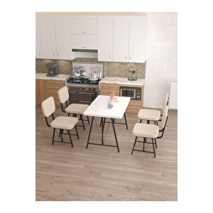 Hayat 70 X 110 Cm Sabit Beyaz Mutfak Masası, Mutfak Masası Takımı, Yemek Masası, 4 Krem Sandalye Krem