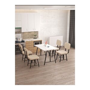 Hayat 70 X 110 Cm Sabit Beyaz Mutfak Masası, Mutfak Masası Takımı, Yemek Masası, 4 Krem Sandalye Krem