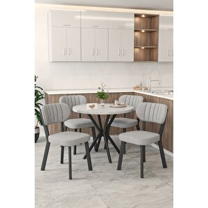 Gnr 90cm Sabit Beyaz Mutfak Masası Takımı, Yemek Masası, 4 Modern Gri Sandalye Açık Gri