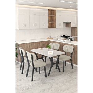 Gnr 70x110cm Sabit Beyaz Mutfak Masası Takımı, Yemek Masası, 4 Modern Krem Sandalye Krem