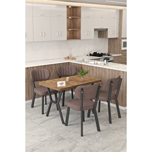 Gnr 70x110cm Sabit Atlantik Mutfak Masası Takımı, Yemek Masası, 4 Modern Kahverengi Sandalye Kahverengi
