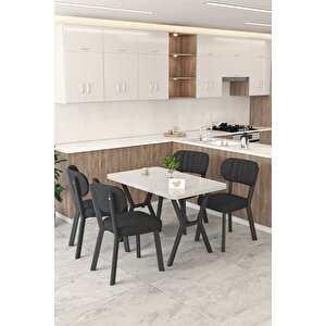 Gnr 70x110cm Sabit Beyaz Mutfak Masası Takımı, Yemek Masası, 4 Modern Siyah Sandalye Siyah
