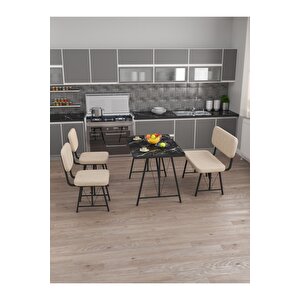 Hayat 70 X 110 Bendir Mutfak Masası, Mutfak Masası Takımı, Yemek Masası, 2 Sandalye 1 Bench - Krem Krem