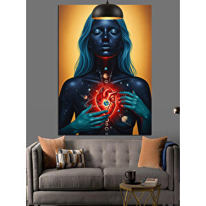 Mavi Kadın Bedeninde Kırmızı Kalp Ve Gezegenler Dekoratif Kanvas - Mdf Ahşap Tablo 70x100 cm