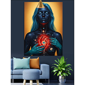 Mavi Kadın Bedeninde Kırmızı Kalp Ve Gezegenler Dekoratif Kanvas - Mdf Ahşap Tablo 70x100 cm