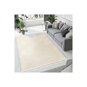 Vl Comfort Düz Saçaklı Peluş Halı Ekru 80x500 cm