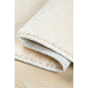 Vl Comfort Düz Saçaklı Peluş Halı Ekru
