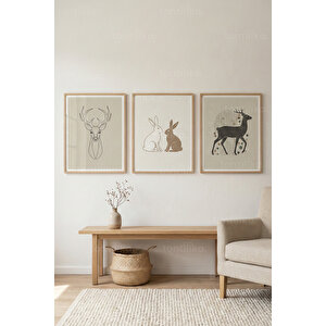Minimal Orman Hayvanları 3’lü Ahşap Çerçeveli Tablo Seti - Salon Duvar Dekoru 30x42 cm