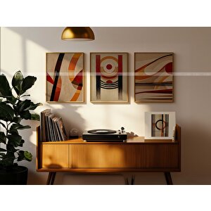 Retro Soyut 3 Parçalı Ahşap Çerçeveli Tablo Seti - Vintage Sanat Dokunuşu- 30x42 30x42 cm