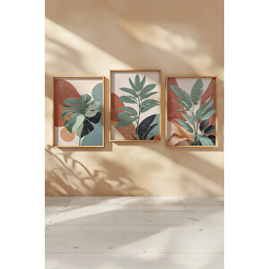Tropikal Yapraklar 3 Parçalı Ahşap Çerçeveli Tablo Seti 30x42 cm