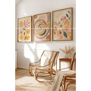 Retro Çiçek Ve Geometrik Desenli Ahşap Çerçeveli 3'lü Tablo Seti 30x42 cm