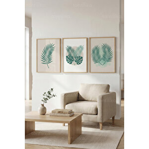 Minimal Yaprak Desenli 3’lü Ahşap Çerçeveli Tablo Seti - Salon Duvar Dekoru 21x30 cm