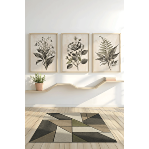 Siyah Beyaz Çiçek İllüstrasyonları 3 Parçalı Ahşap Çerçeveli Tablo Seti 30x42 cm