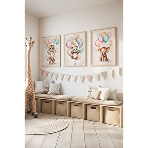 Bebek Ve Çocuk Odası Balonlu Hayvanlar Tema Ahşap Çerçeveli 3'lü Tablo Seti 30x42 cm