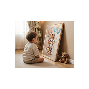 Bebek Ve Çocuk Odası Balonlu Hayvanlar Tema Ahşap Çerçeveli 3'lü Tablo Seti 30x42 cm