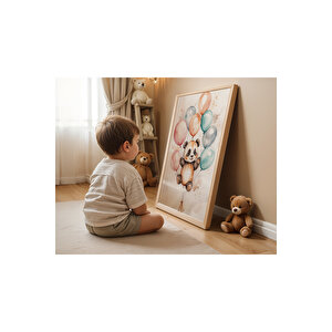 Bebek Ve Çocuk Odası Balonlu Hayvanlar Tema Ahşap Çerçeveli 3'lü Tablo Seti 30x42 cm