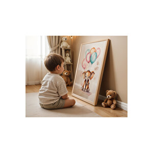 Bebek Ve Çocuk Odası Balonlu Hayvanlar Tema Ahşap Çerçeveli 3'lü Tablo Seti
