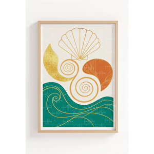 Deniz Kabuğu Ve Spiral Desenli 3’lü Soyut Ahşap Çerçeveli Tablo Seti - Salon Dekoru 30x42 cm