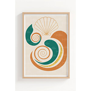 Deniz Kabuğu Ve Spiral Desenli 3’lü Soyut Ahşap Çerçeveli Tablo Seti - Salon Dekoru
