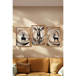 Antilop Temalı 3'lü Ahşap Çerçeveli Tablo Seti - 21x30 21x30 cm