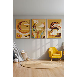 Bohem Güneş Ve Doğa 3 Parçalı Ahşap Çerçeveli Tablo Seti-2 30x42 cm
