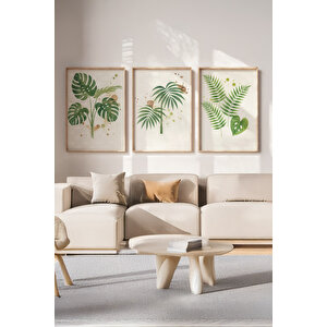 Tropikal Yapraklar 3 Parçalı Ahşap Çerçeveli Tablo Seti 30x42 cm