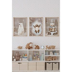 Kış Ayıları 3’lü Ahşap Çerçeveli Dekoratif Tablo Seti 50x70 cm