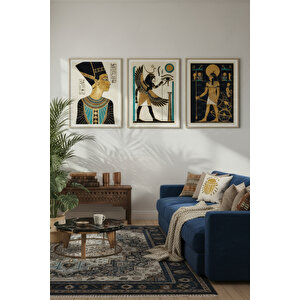 Antik Mısır Mitolojisi 3’lü Ahşap Çerçeveli Tablo Seti - Firavun Ve Tanrılar 30x42 cm