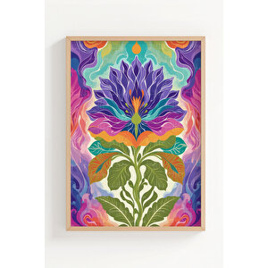 Renkli Soyut Çiçek Desenli 3 Parçalı Ahşap Çerçeveli Tablo Seti 21x30 cm