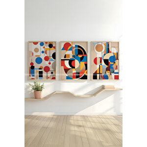 Canlı Geometrik 3 Parçalı Ahşap Çerçeveli Tablo Seti - Modern Soyut Tasarım -21x30 21x30 cm