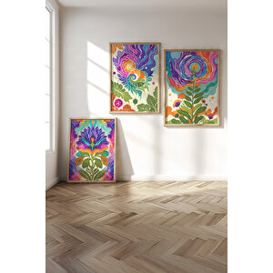 Renkli Soyut Çiçek Desenli 3 Parçalı Ahşap Çerçeveli Tablo Seti 30x42 cm