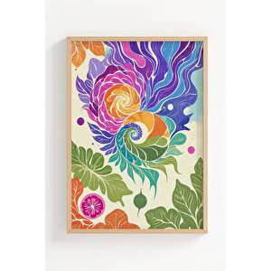 Renkli Soyut Çiçek Desenli 3 Parçalı Ahşap Çerçeveli Tablo Seti