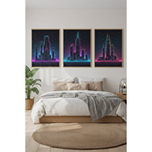 Gece Şehir Manzarası 3’lü Modern Ahşap Çerçeveli Tablo Seti 50x70 cm