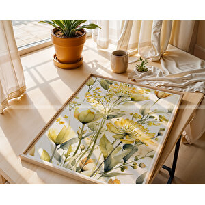 Sarı Çiçek Temalı Ahşap Çerçeveli 3'lü Tablo Seti 21x30 cm