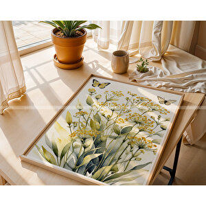 Sarı Çiçek Temalı Ahşap Çerçeveli 3'lü Tablo Seti