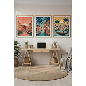 Venedik Manzaraları 3’lü Ahşap Çerçeveli Tablo Seti - Seyahat Ve Kültür Duvar Dekoru 30x42 cm