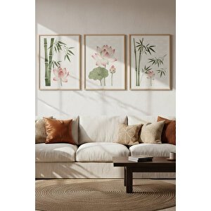 Lotus Çiçeği Ve Bambu 3’lü Modern Ahşap Çerçeveli Tablo Seti - Salon Dekoru 50x70 cm