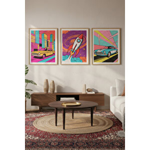 Retro Araba Ve Roket 3’lü Cesur Sanat Ahşap Çerçeveli Tablo Seti 50x70 cm