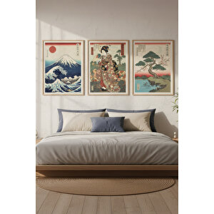 Japon Ukiyo-e Klasik Sanat 3’lü Ahşap Çerçeveli Tablo Seti 21x30 cm