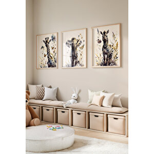 Zürafa, Fil Ve Zebra 3’lü 1. Kalite Ahşap Çerçeveli Tablo Seti – Çocuk Odası Dekoru 21x30 cm