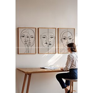 Minimalist Çizgi Sanatı 3 Parçalı Ahşap Çerçeveli Tablo Seti - Yüzler Ve İfadeler 30x42 cm