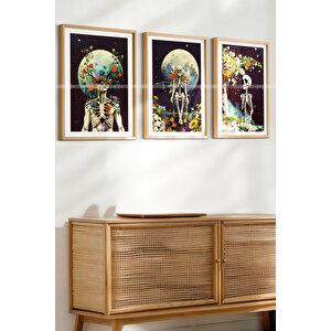 Ay Ve Çiçeklerle Süslenmiş İskelet Temalı 3'lü Ahşap Çerçeveli Tablo Seti 30x42 30x42 cm