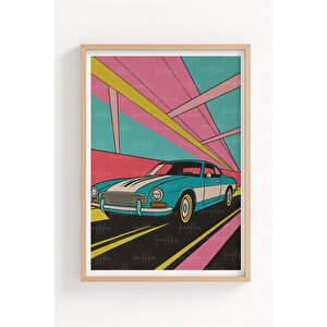 Retro Araba Ve Roket 3’lü Cesur Sanat Ahşap Çerçeveli Tablo Seti