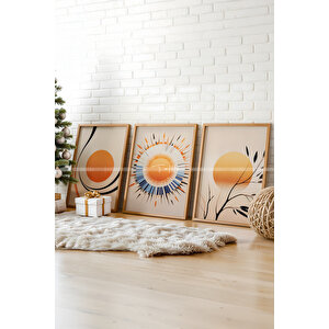 Modern Güneş Ve Doğa Temalı Ahşap Çerçeveli 3'lü Tablo Seti 21x30 cm